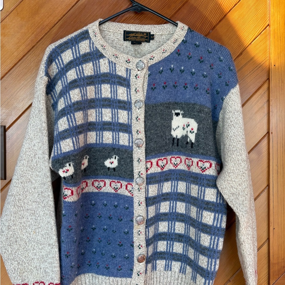 Eddie Bauer Cream and Blue Knit Cardigan